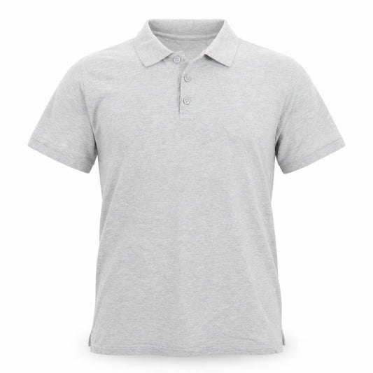 Front view of Acw85 men’s grey polo, size M