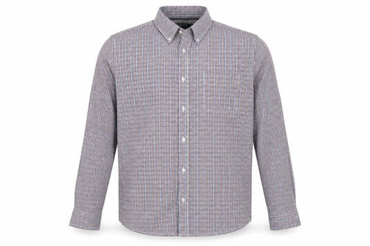 Front view of Maine New England men’s blue check button-up, size M