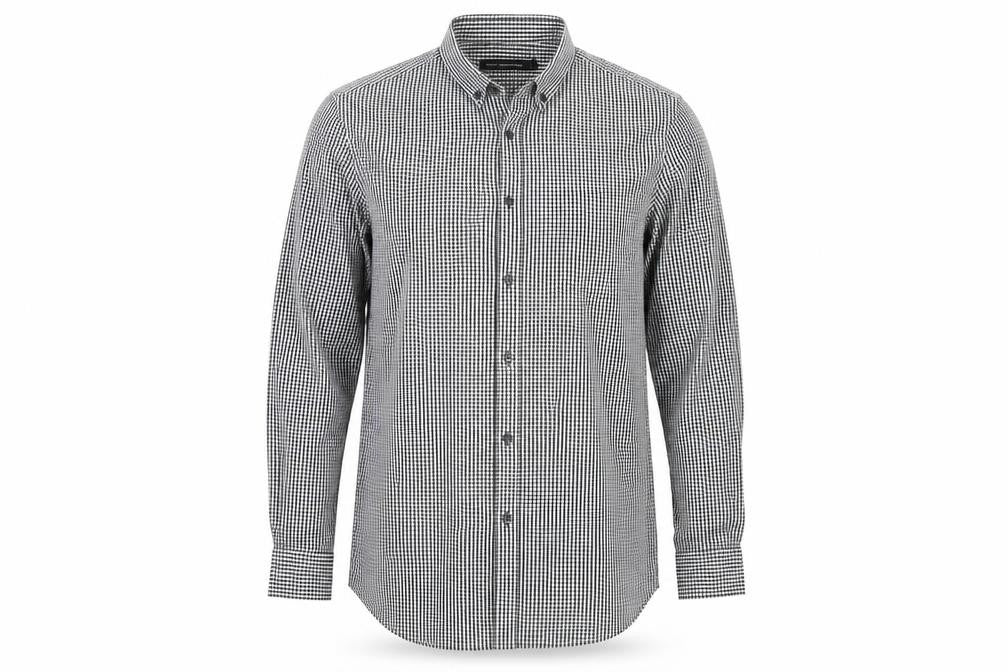 Front view of French Connection men’s black check button-up, size L