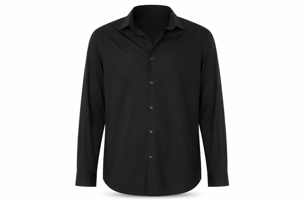 Front view of Cedarwood State men’s black button-up, size 17