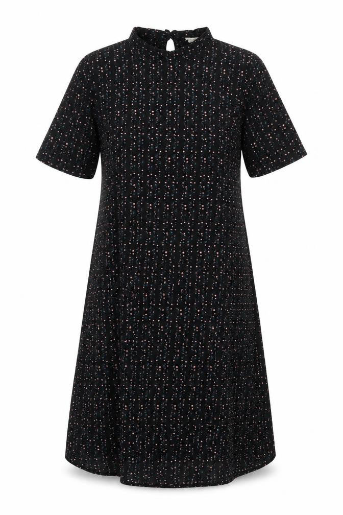 Front view of JDY women’s black polka dot a-line, size UK 6