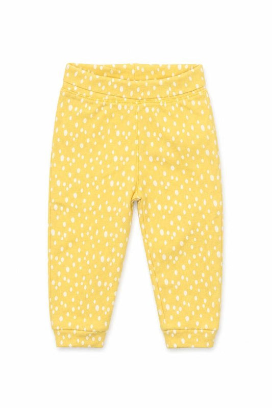 Front view of Primark girls’ yellow polka dot pyjama pants, size 6-9, months