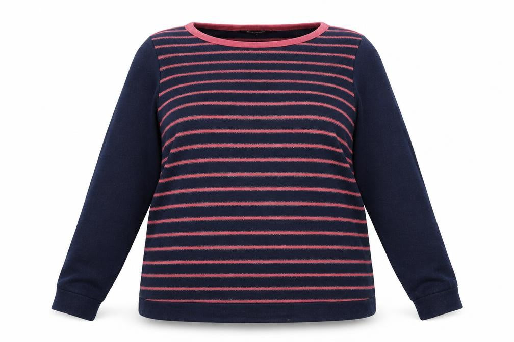 Front view of Bonmar women’s blue striped jumper, size UK 20
