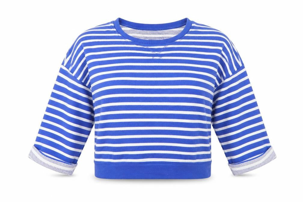 Front view of Atmosphere women’s blue striped jumper, size UK 10