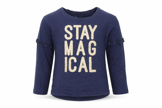 Front view of Next girls’ blue basic t-shirt, size 2-3, years - stay magical