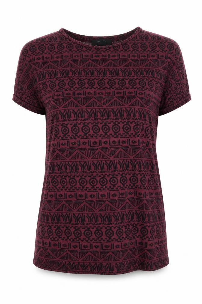 Front view of Atmosphere women’s red fair isle basic t-shirt, size UK 10