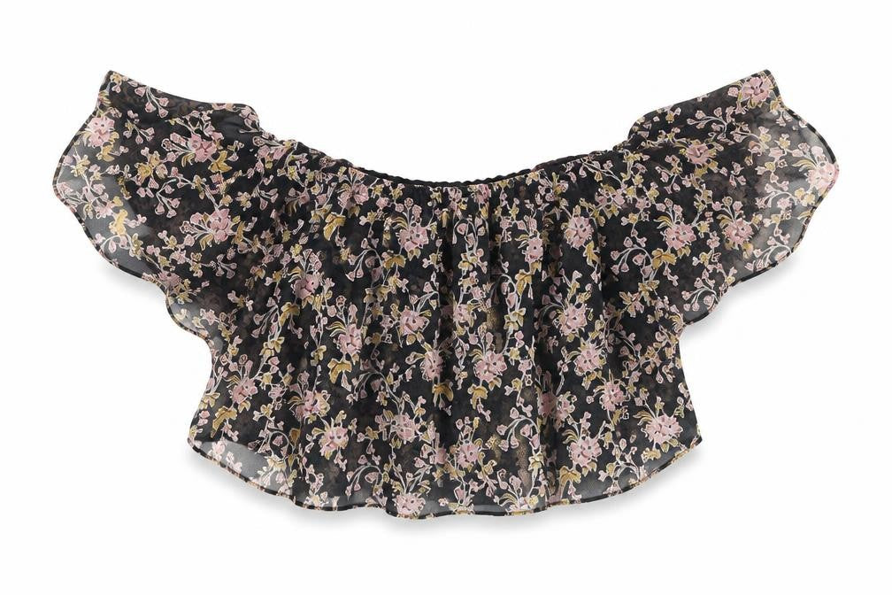 Front view of Topshop women’s black floral chiffon basic blouse, size UK 14