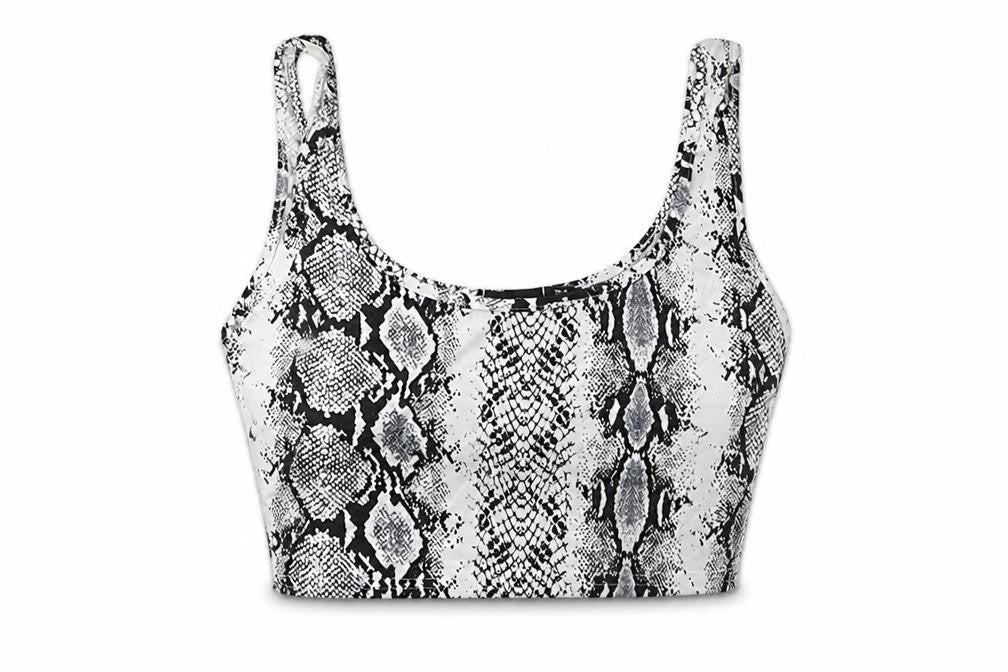 Front view of PRETTYLITTLETHING women’s grey animal print cropped tank, size UK 8