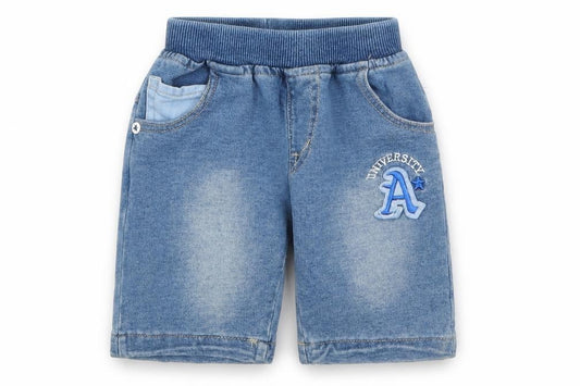 Front view of Super Brother boys’ blue denim cropped jeans, size 18-24, months - university a