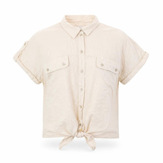 Front view of Oasis women’s beige basic button-up, size UK 12