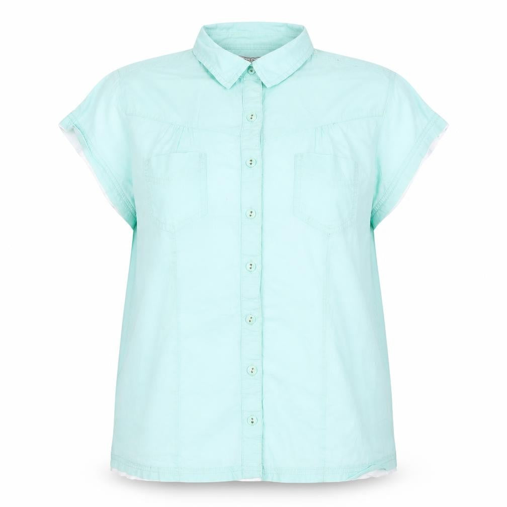 Front view of Cherokee women’s blue basic button-up, size UK 16