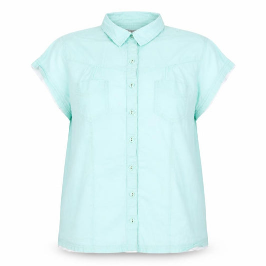 Front view of Cherokee women’s blue basic button-up, size UK 16
