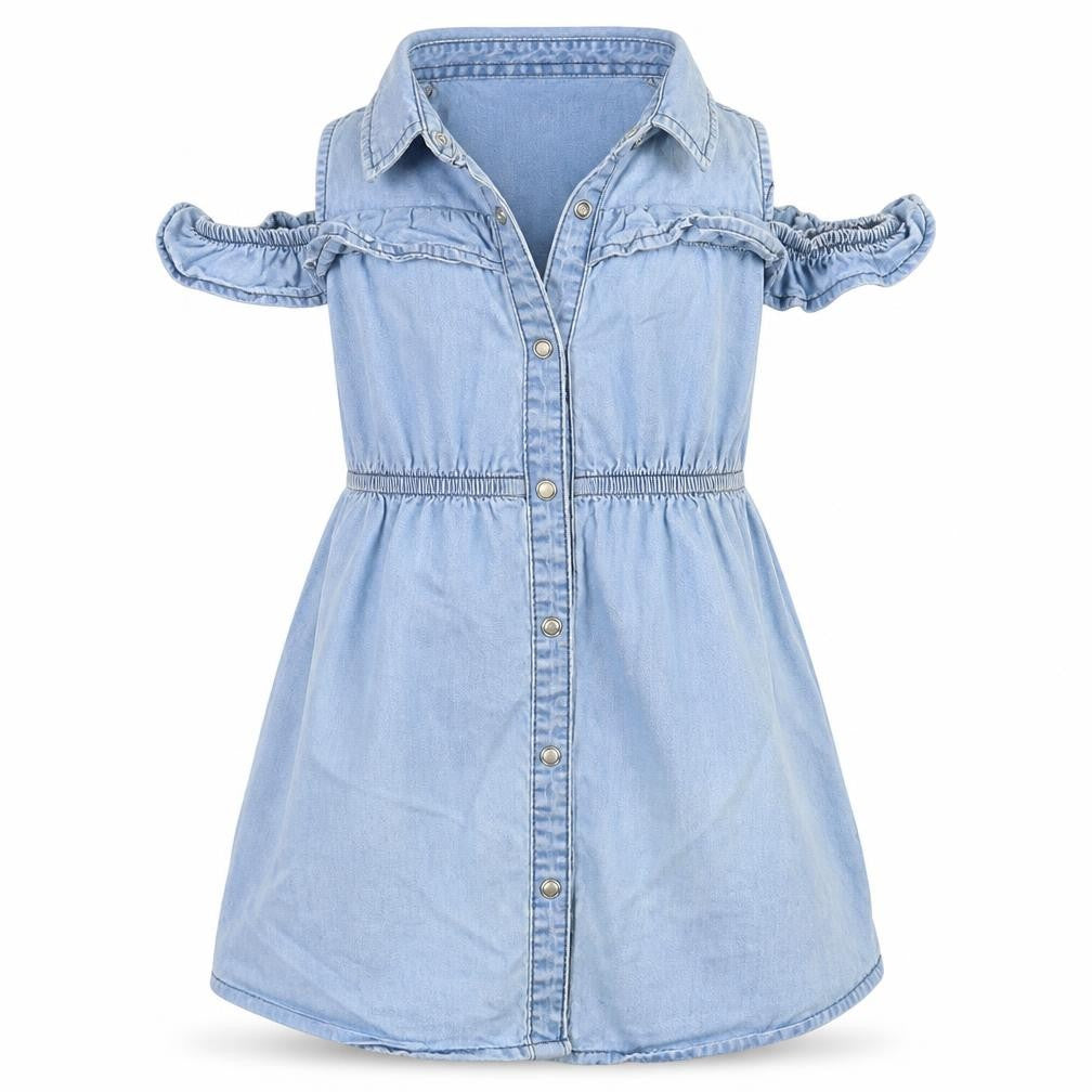 Front view of Denim & Co. girls’ blue basic button-up, size 6-7, years