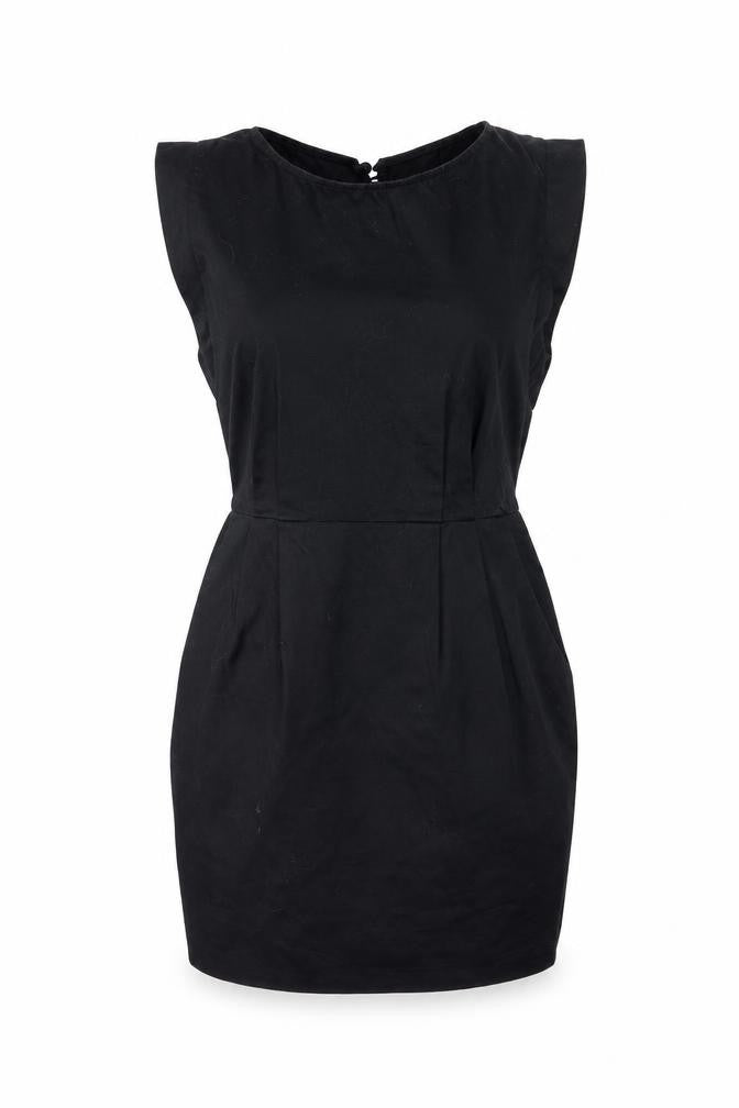 Front view of Miss Selfridge women’s black mini, size UK 10, - open back