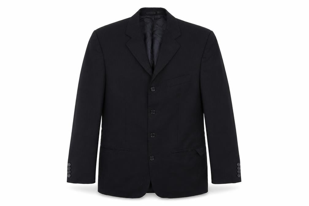 Front view of Johnathan Adams men’s black striped jacket suit, size 38
