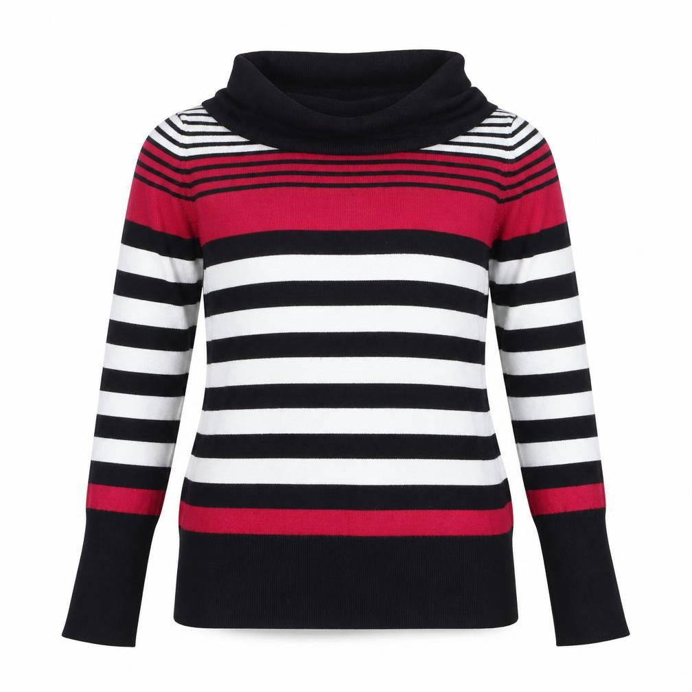 Front view of Marks & Spencer women’s black striped jumper, size UK 10