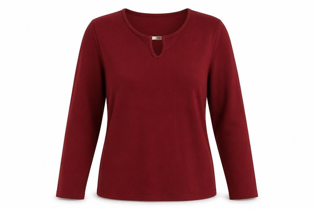 Front view of Sara Neal women’s red jumper, size UK 14