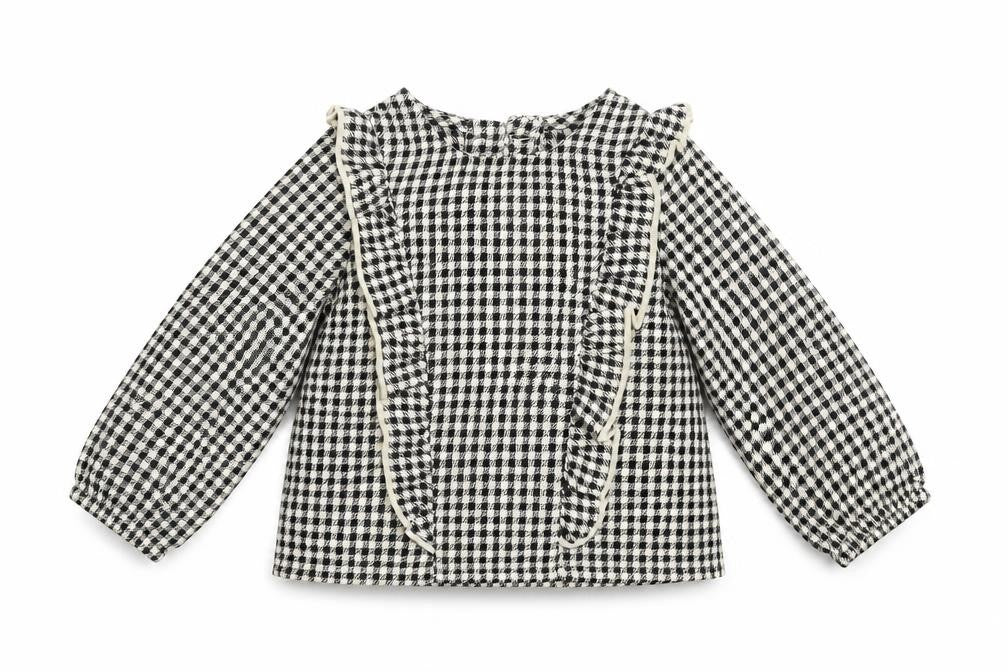 Front view of Primark girls’ black check basic blouse, size 3-6, months