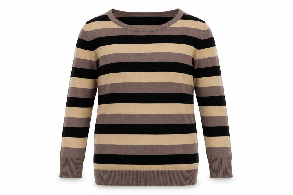 Front view of MY STAR men’s brown striped jumper, size S