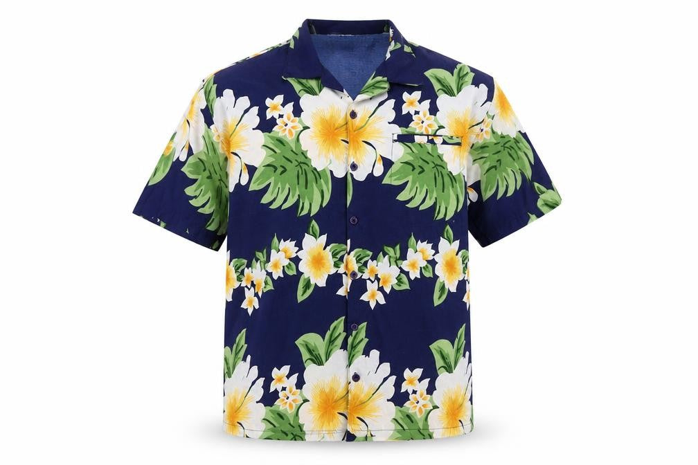 Front view of Don Amigo men’s blue floral button-up, size M