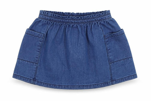 Front view of Next girls’ blue denim skater skirt, size 2-3, years