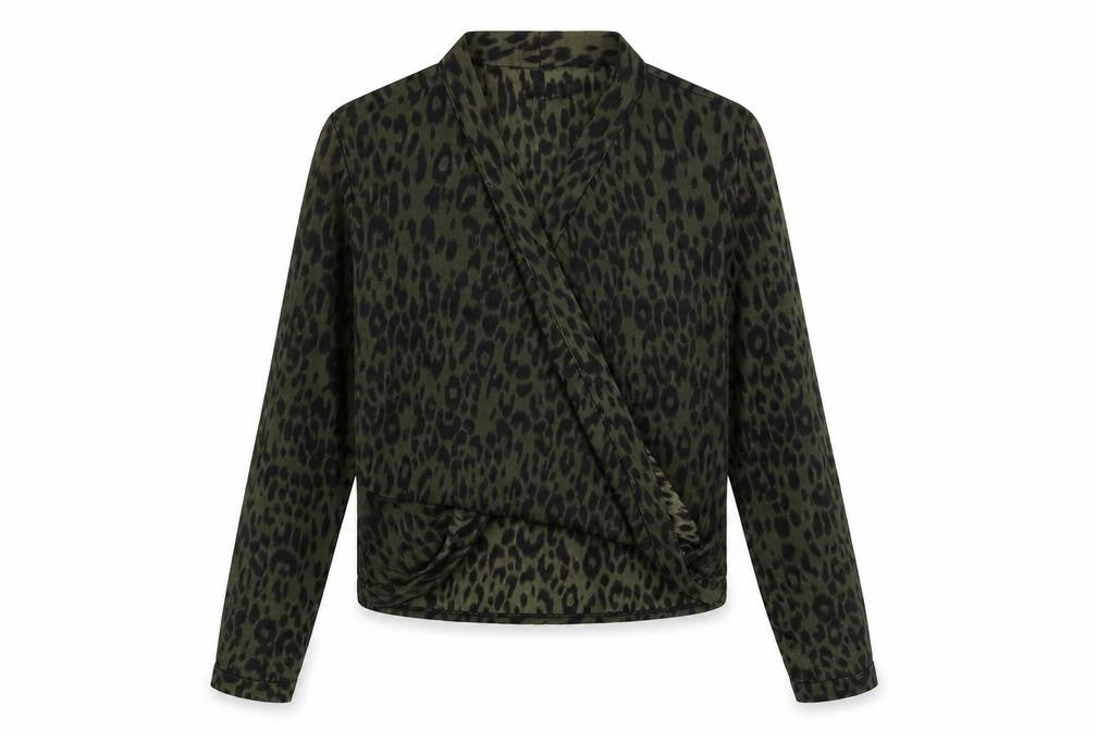 Front view of Boohoo women’s green animal print basic blouse, size UK 6