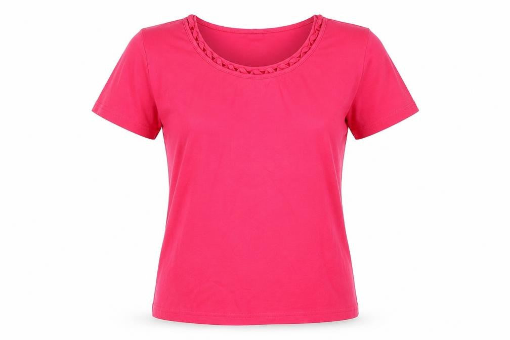 Front view of Isle women’s pink basic t-shirt, size UK 14