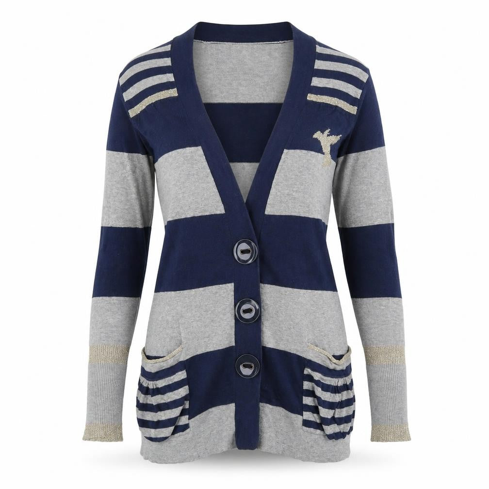 Front view of River Island women’s grey striped cardigan jumper, size UK 6