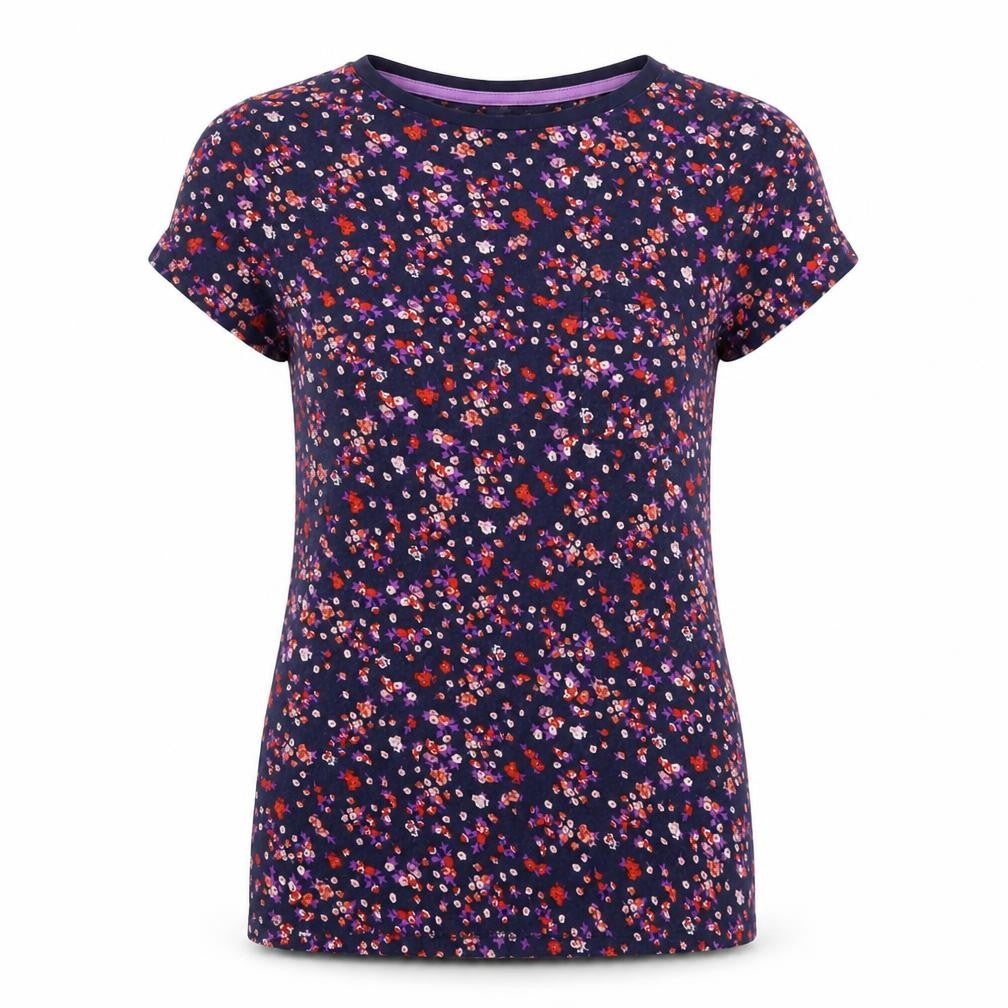 Front view of Sleep well women’s black floral basic t-shirt, size UK 10