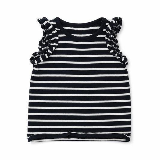 Front view of Next boys’ black striped basic tank, size 12-18, months