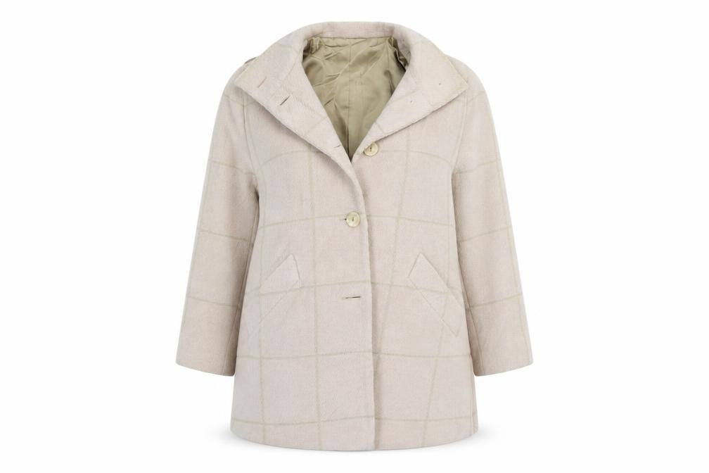 Front view of fashion women’s beige check jacket coat, size UK 14