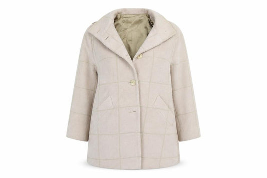 Front view of fashion women’s beige check jacket coat, size UK 14