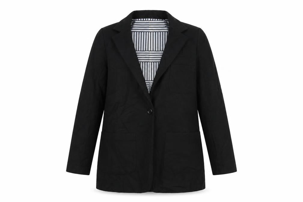 Front view of VILLA women’s black jacket coat, size L