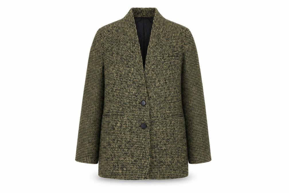 Front view of Mango women’s beige check jacket coat, size UK 8
