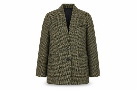 Front view of Mango women’s beige check jacket coat, size UK 8