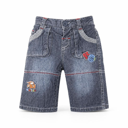 Front view of Disney boys’ blue denim cargo jeans, size 0-3, months - cars