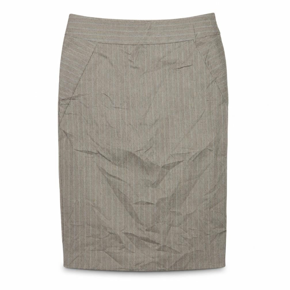 Front view of Warehouse women’s beige a-line skirt, size UK 10