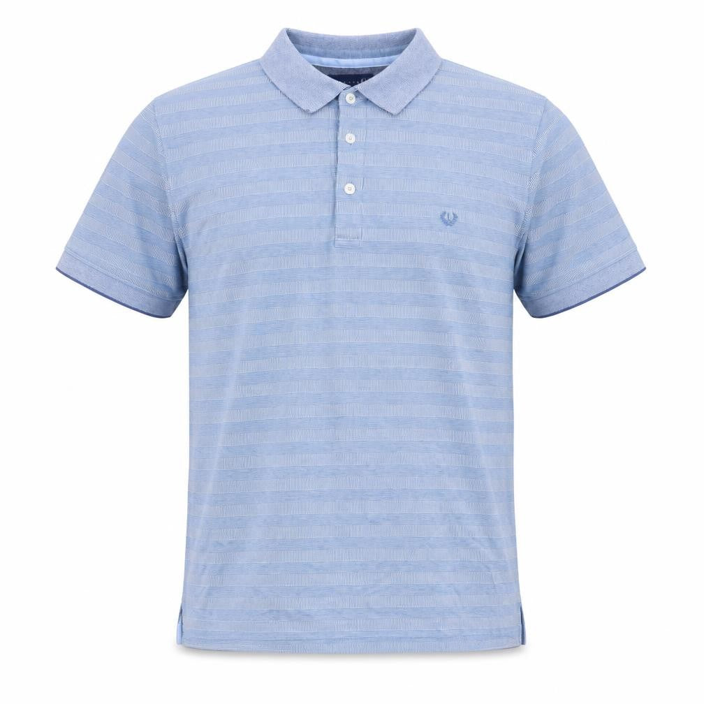 Front view of Lincoln men’s blue polo, size L