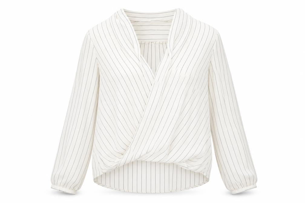Front view of Atmosphere women’s white striped basic blouse, size UK 14