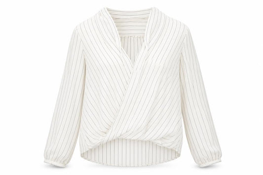 Front view of Atmosphere women’s white striped basic blouse, size UK 14