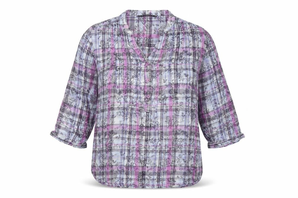 Front view of Bonmarché women’s multicoloured check top pyjama top, size UK 16