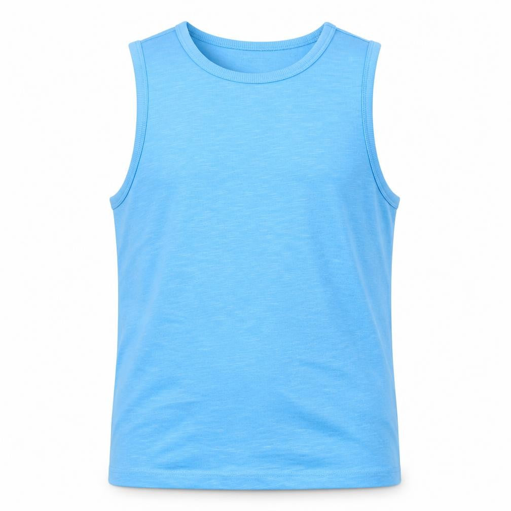 Front view of Next boys’ blue jersey basic tank, size 10, years
