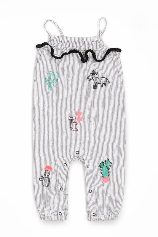 Front view of Matalan girls’ white striped dungaree one-piece, size 6-9, months