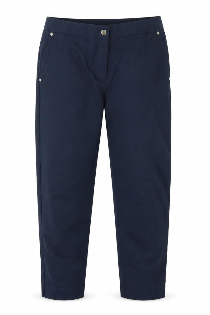 Front view of Per Una women’s blue trousers, size UK 34, in, 25-inch leg