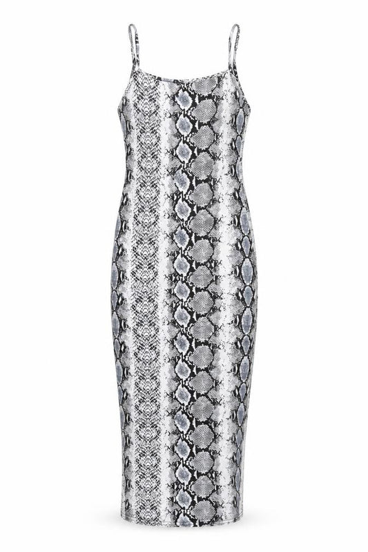 Front view of Femme Luxe women’s black animal print bodycon, size UK 6