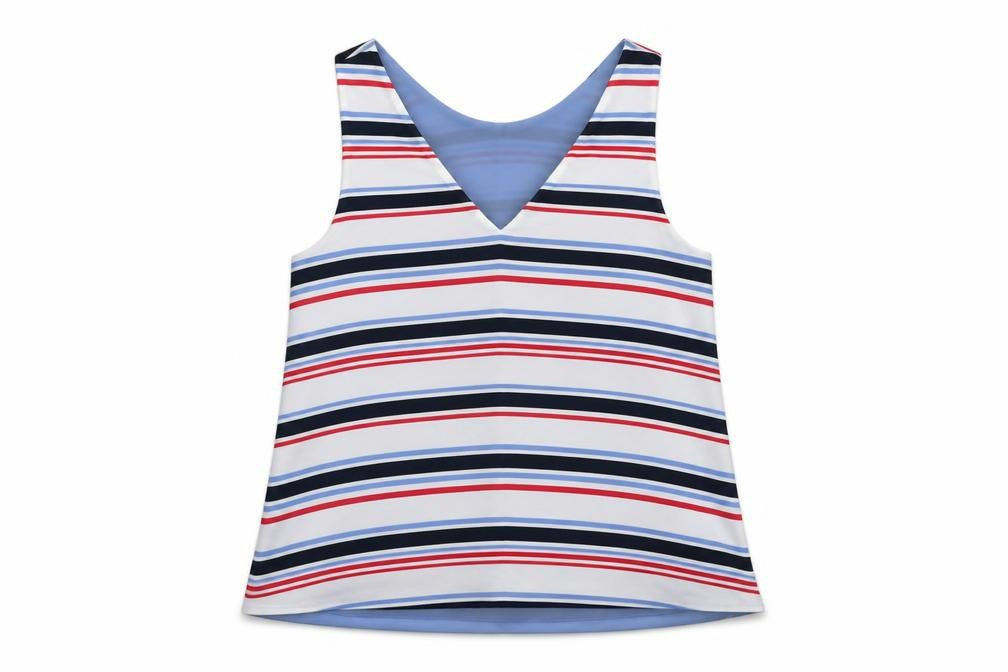 Front view of Next women’s multicoloured striped basic blouse, size UK 10