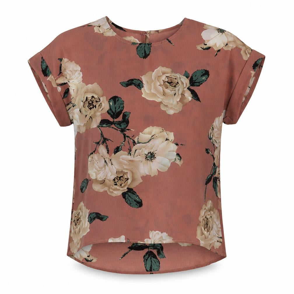 Front view of SHEIN women’s pink floral basic blouse, size XS