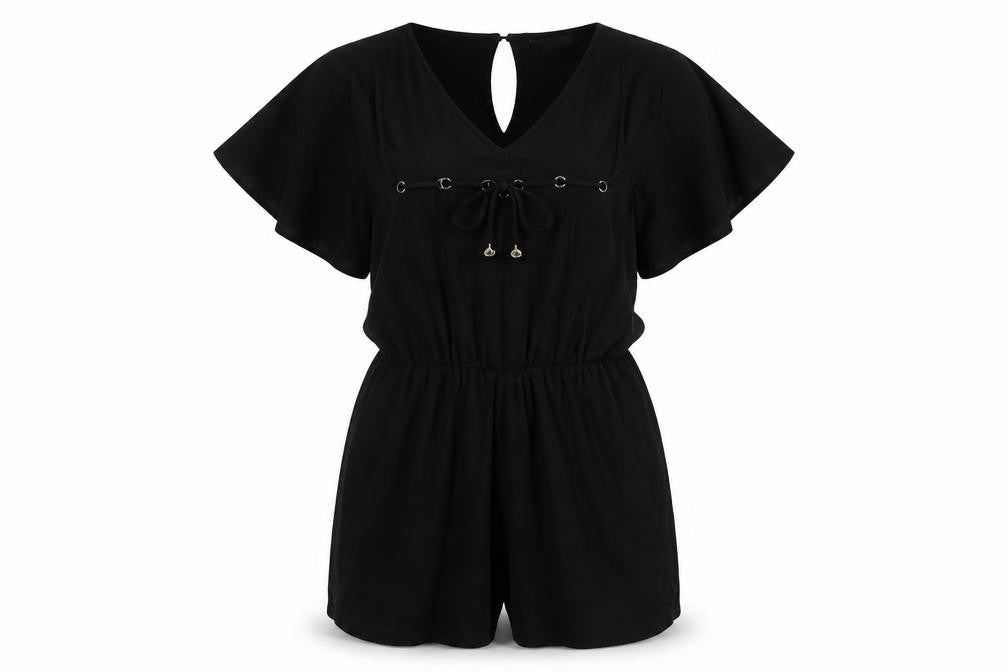 Front view of Miss Selfridge women’s black bodysuit one-piece, size UK 10