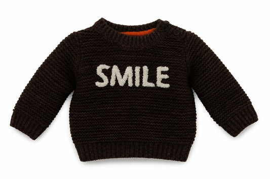 Front view of Nutmeg Baby Brown jumper, size 0-3, Months - SMILE