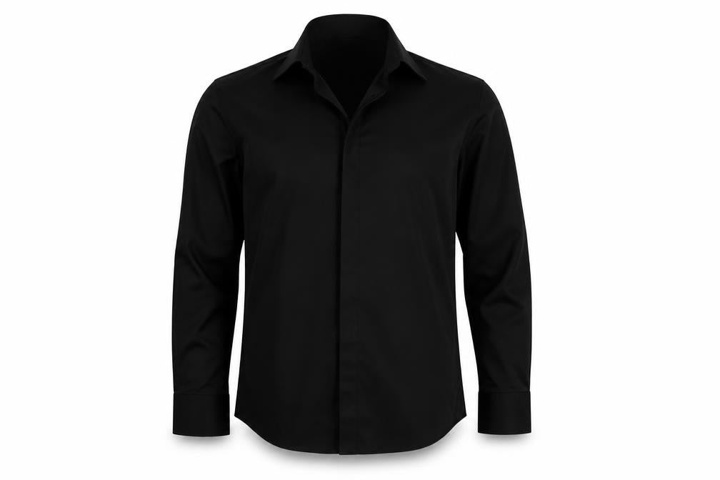 Front view of Preworn women’s black basic button-up, size UK 12